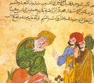 Sokrates (Soqrāt) in Diskussion mit seinen Schülern; Darstellung aus einem arabischen Manuskript aus dem 13. Jahrhundert n.Chr.